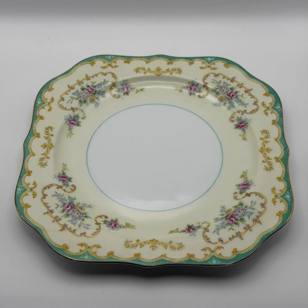 Vtg Noritake Japan Plate N238 Floral Gold Scroll Green Border Square Salad